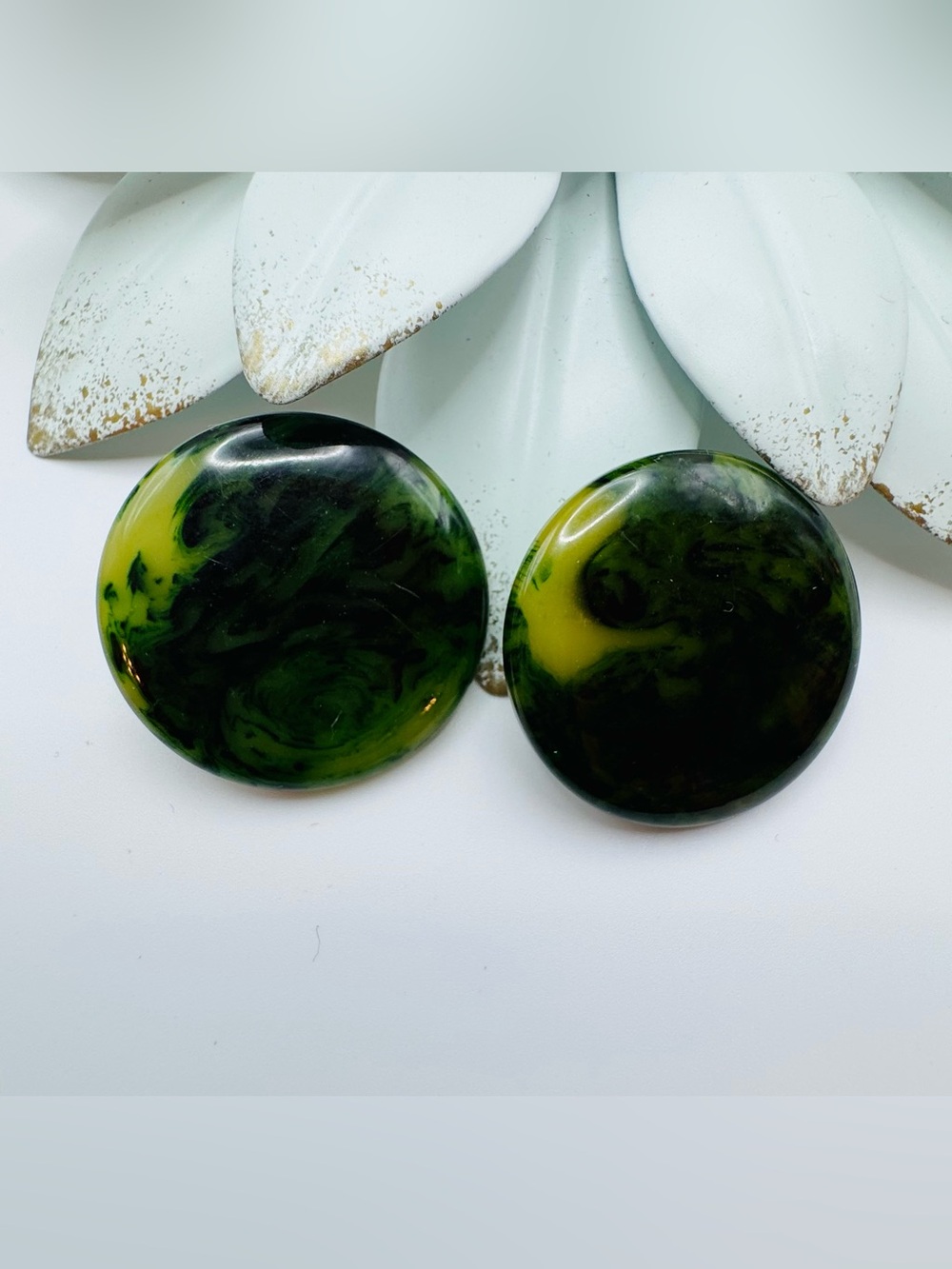 Vintage Marbled Green and Yellow Bakelite stud earrings